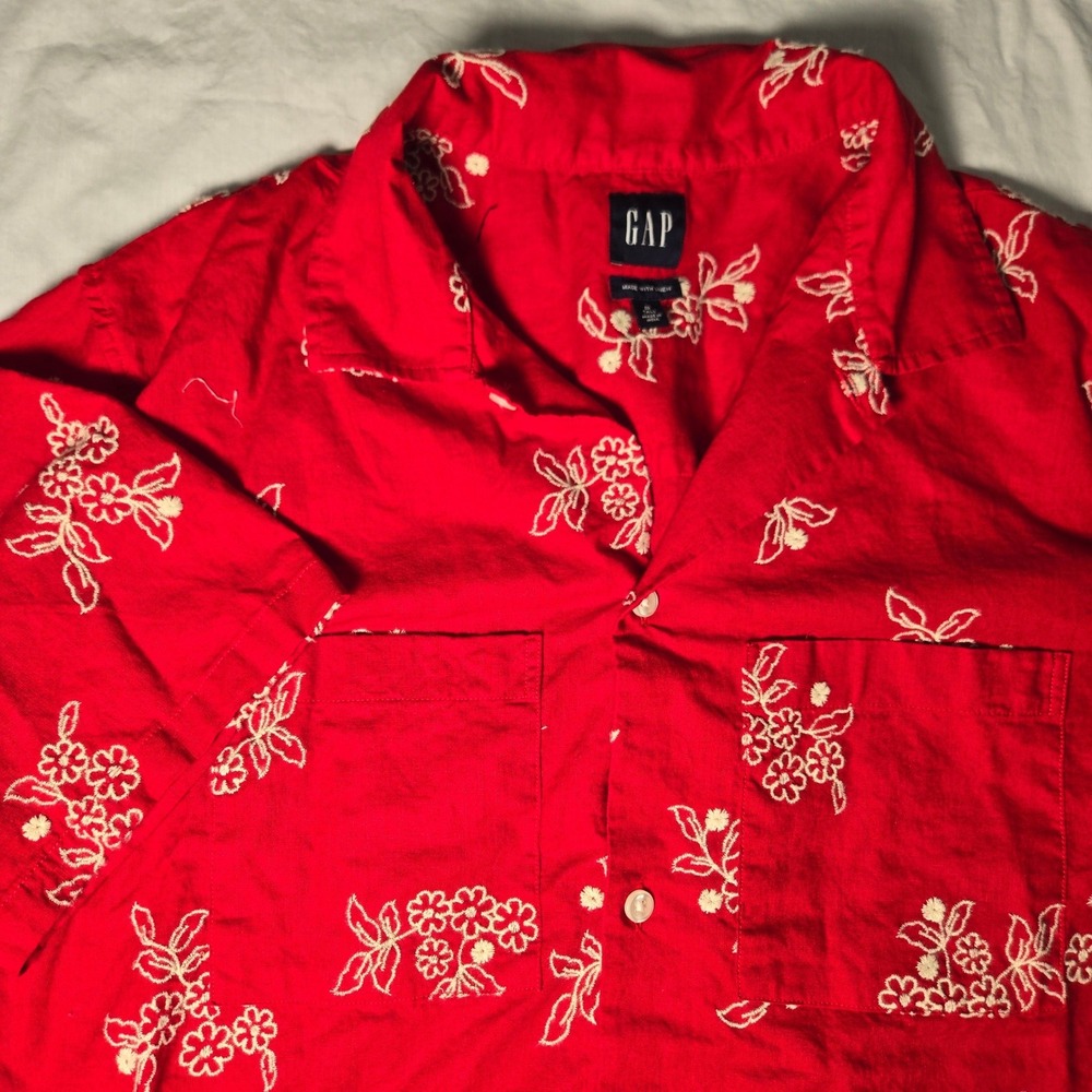 Gap Mens Medium‎ Tall Red Linen Blend Floral Embroidered Short Sleeve Camp Shirt